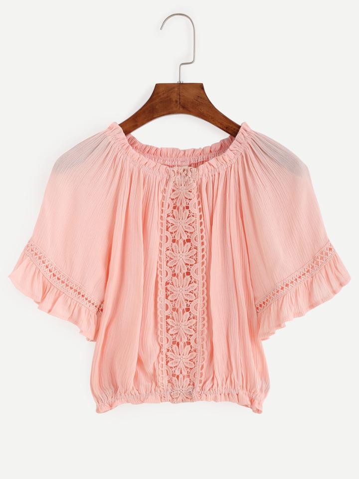 Romwe Pink Flower Crochet Insert Ruffle Top