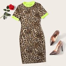Romwe Plus Leopard & Neon Ringer Pencil Dress