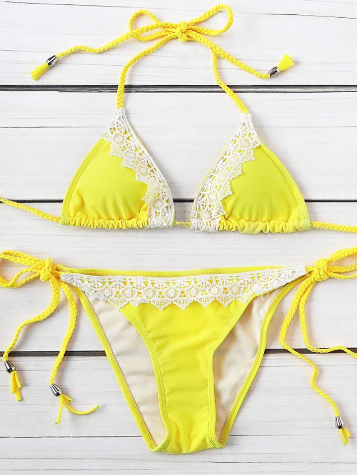 Romwe Lace Crochet Trim Braided Strap Triangle Bikini Set