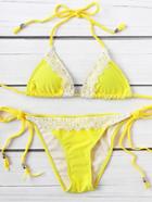Romwe Lace Crochet Trim Braided Strap Triangle Bikini Set