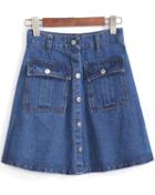 Romwe Single-breasted With Pockets Denim Skirt