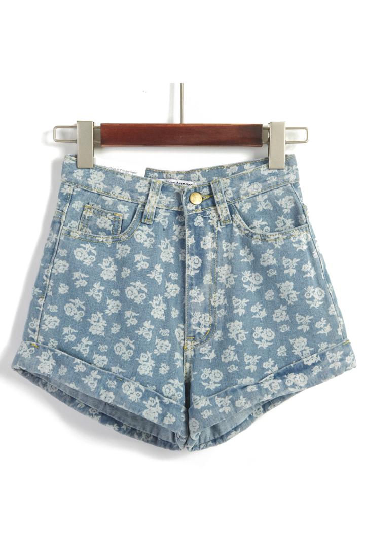 Romwe High Waist Snowflake Print Loose Denim Shorts