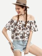 Romwe White Printed Crop Off The Shoulder Top