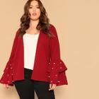 Romwe Plus Open Front Pearls Beaded Layer Sleeve Coat