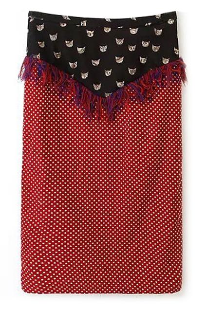 Romwe Polka Dots And Cats Print With Tassels Skirt