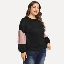 Romwe Plus Contrast Faux Fur Bishop Sleeve Sweatshirt