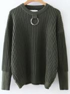 Romwe Army Green Ring Embellished Ribbed Sweater