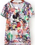 Romwe Floral Mickey Print T-shirt