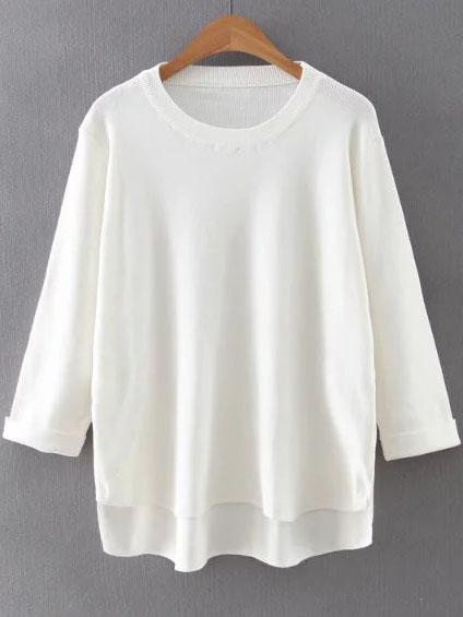 Romwe White Round Neck Rolled Cuff Dip Hem Sweater