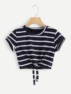 Romwe Knot Front Striped Crop Tee