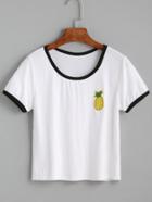 Romwe White Contrast Trim Pineapple Embroidered T-shirt