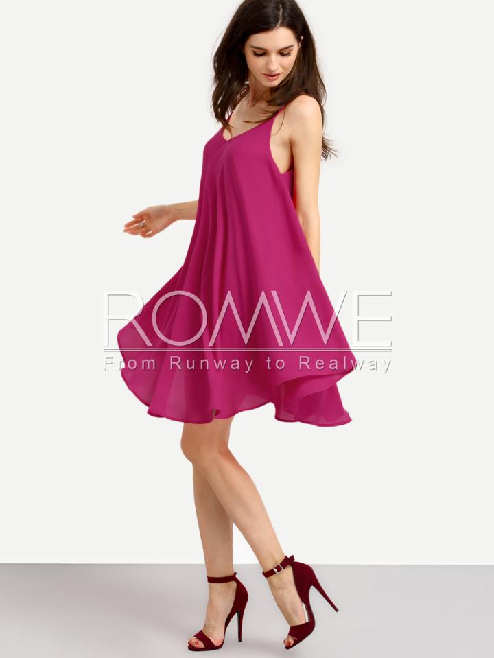 Romwe Hot Pink V Neck Crisscross Back Shift Dress