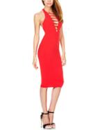 Romwe Deep V Neck Hollow Bodycon Red Dress