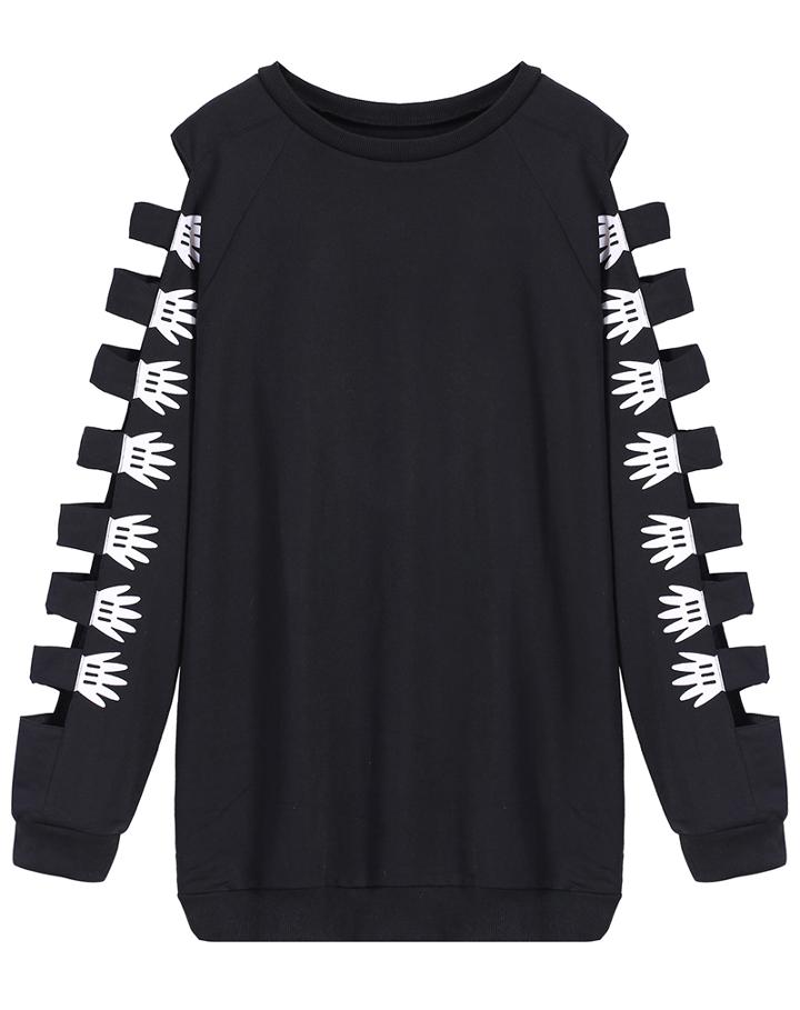 Romwe Mickey Hand Print Hollow Sweatshirt