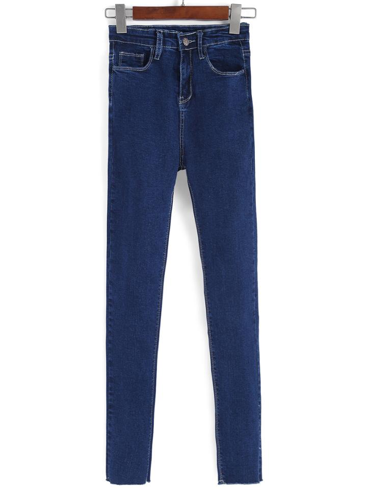 Romwe Frayed Denim Slim Blue Pant