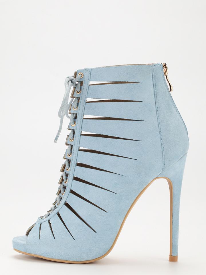 Romwe Pale Blue Peep Toe Zipper Lace Up Stiletto Heels