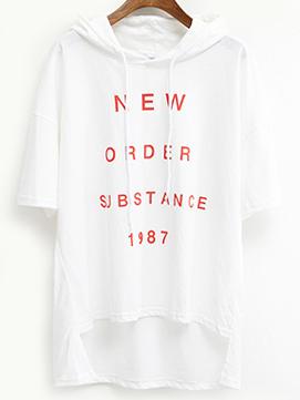 Romwe White Letter Print Hooded High Low T-shirt