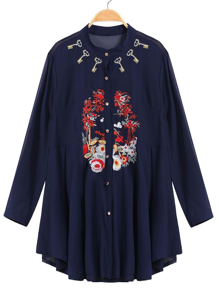 Romwe Key Embroidered Chiffon Blue Blouse