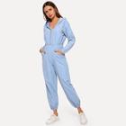 Romwe Zip Up Elastic Waist Solid Jumpsuits