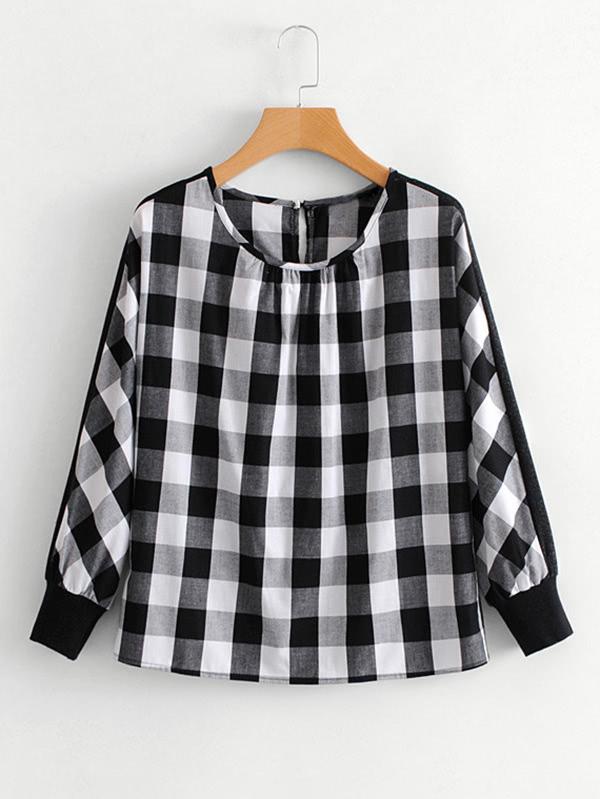 Romwe Rib Cuff Plaid Blouse