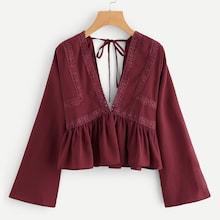 Romwe Double V Tie Back Guipure Lace Peplum Top