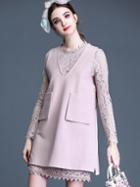 Romwe Pink Round Neck Long Sleeve Two Pieces Lace Dress