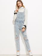 Romwe Pale Blue Strap Ripped Overall Jeans