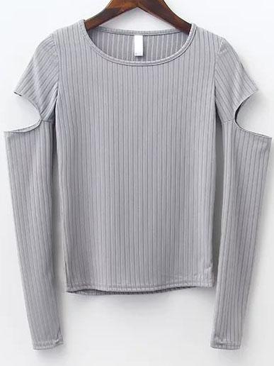 Romwe Grey Round Neck Cutout Sleeve T-shirt