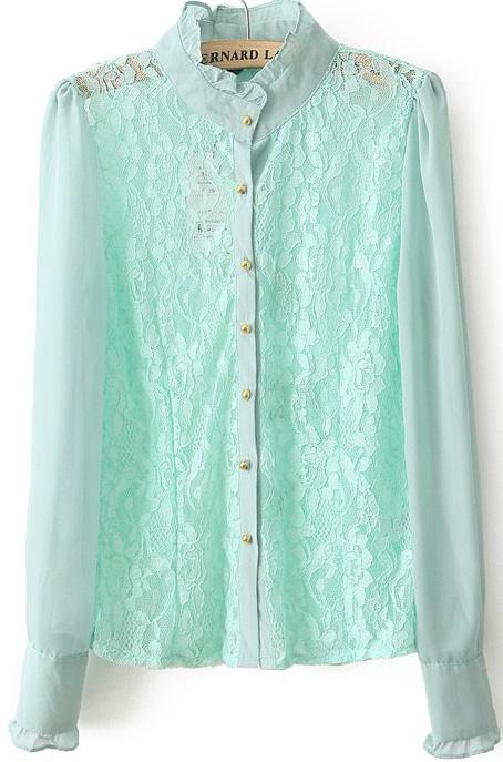 Romwe Stand Collar Lace Green Blouse