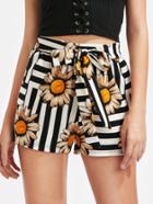 Romwe Self Tie Striped And Floral Shorts