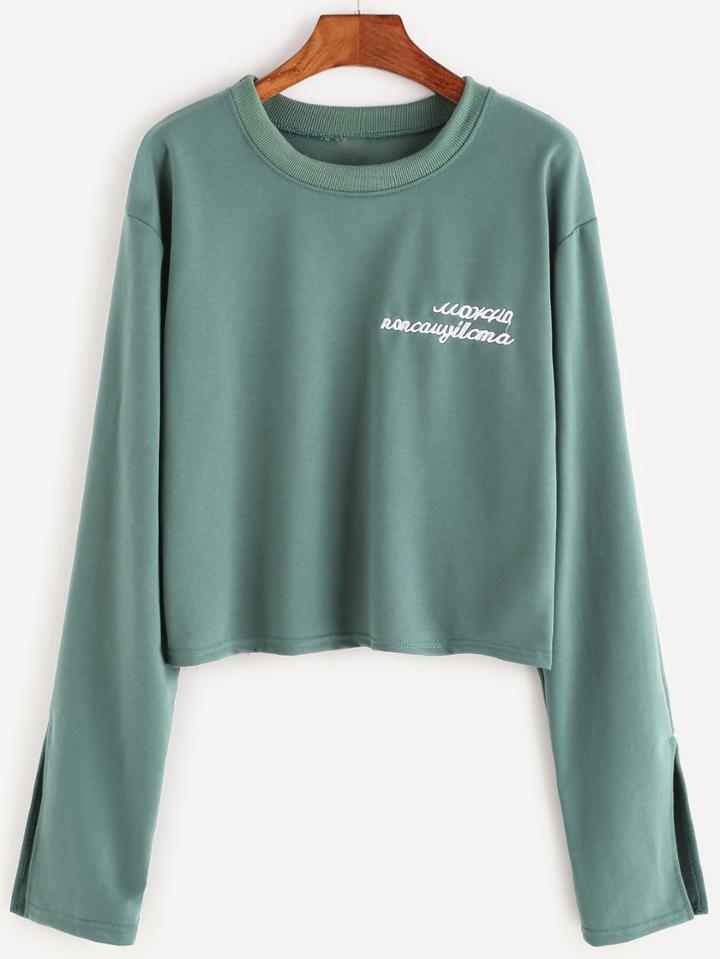 Romwe Letter Embroidered Split Sleeve T-shirt