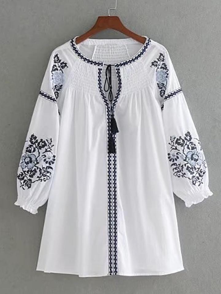 Romwe Flower Embroidery Tassel Tie Dress