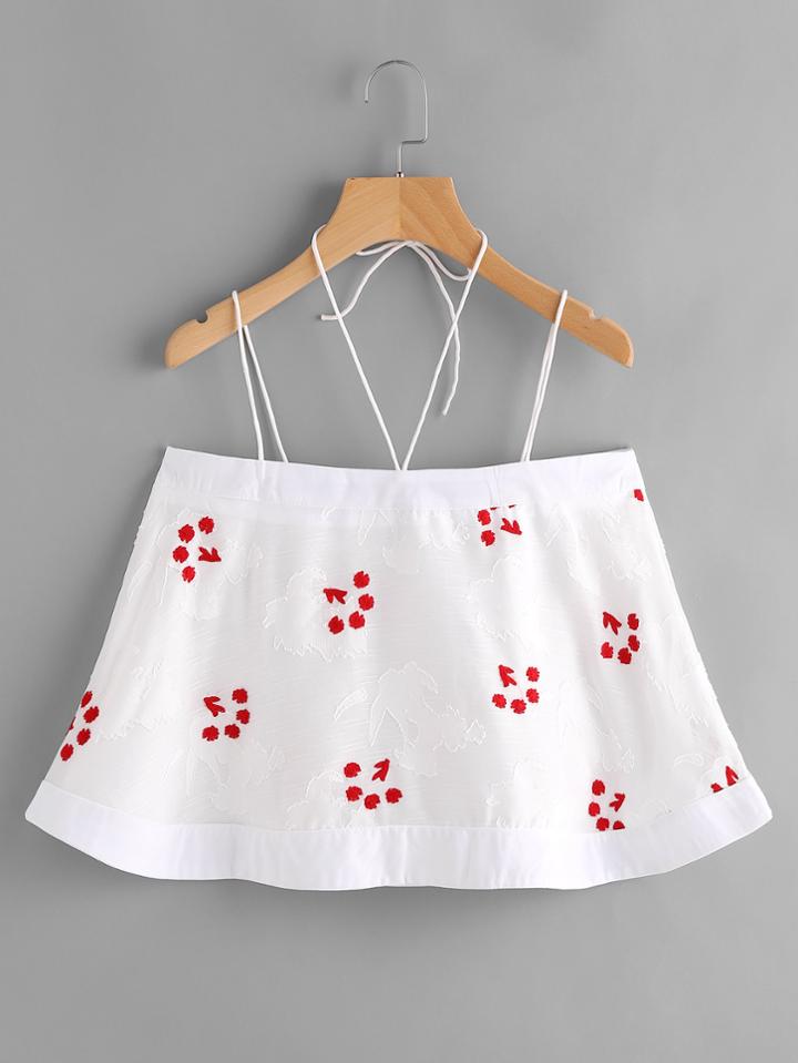 Romwe Halter Neck Embroidered Crop Cami Top