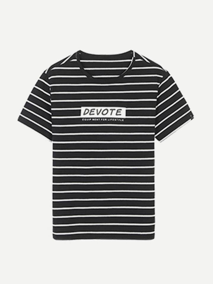 Romwe Men Stripe Letter Print Tee