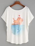 Romwe White Cat And Fish Print T-shirt