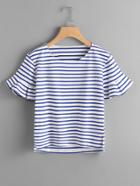 Romwe Slit Side High Low Frill Cuff Striped Tee