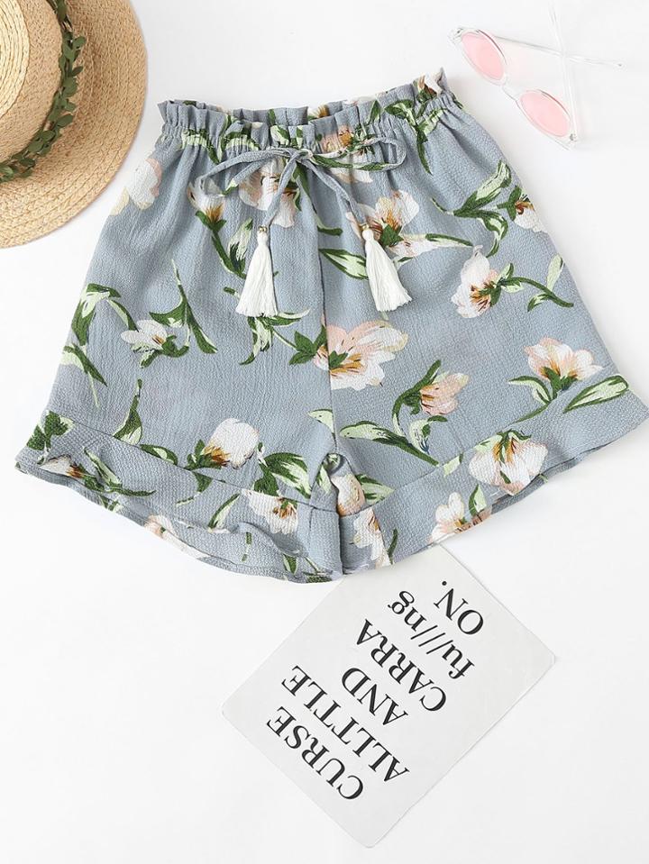 Romwe Ruffle Hem Floral Print Drawstring Shorts
