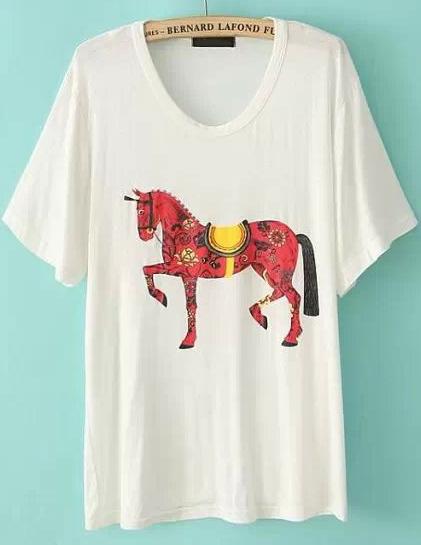 Romwe White Short Sleeve Horse Print Loose T-shirt