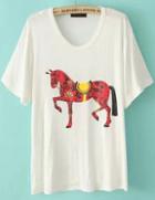 Romwe White Short Sleeve Horse Print Loose T-shirt