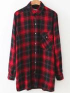 Romwe Red Plaid Dragon Embroidery Button Up Blouse