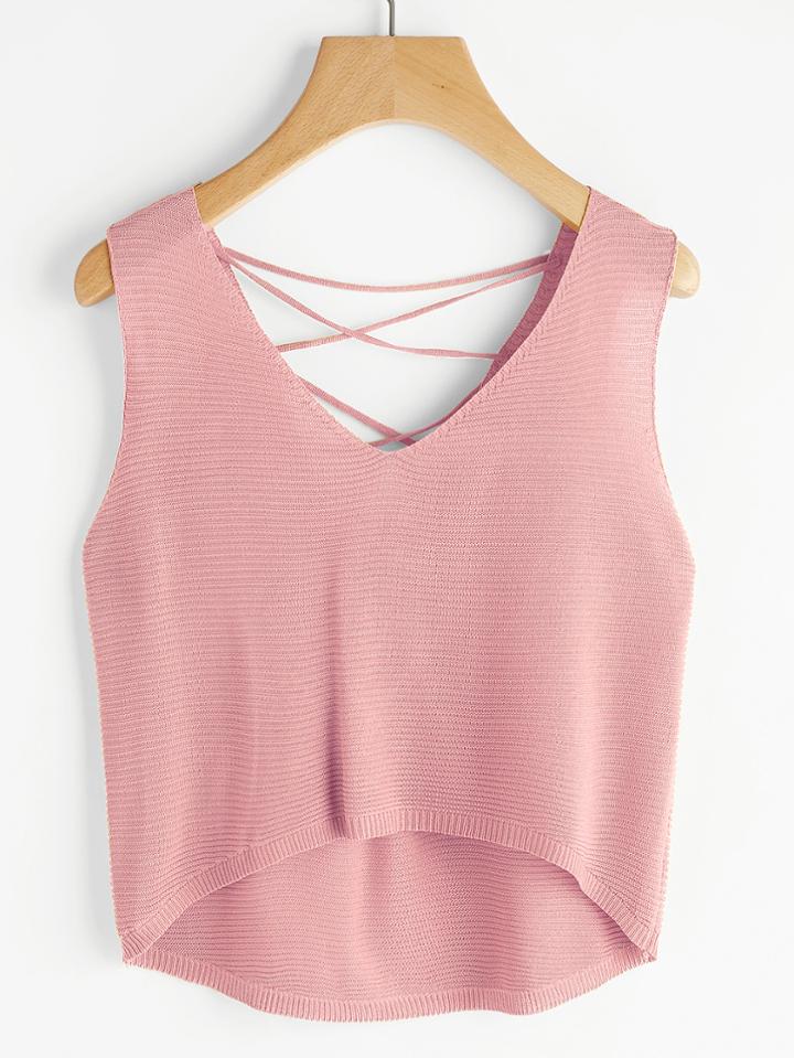 Romwe Dip Hem Lace Up Self Tie Back Tank Top