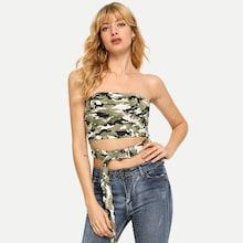 Romwe Camo Print Criss Cross Back Top