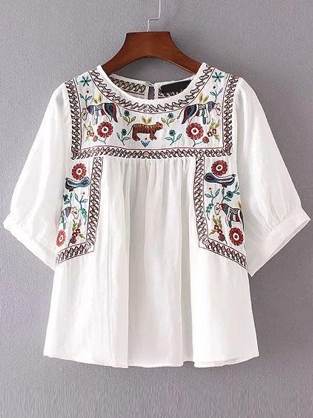 Romwe White Embroidery Elbow Sleeve Keyhole Blouse