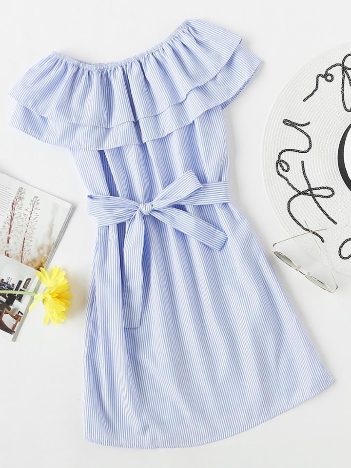 Romwe Striped Flounce Layered Neckline Bow Tie Dress