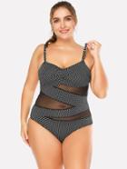 Romwe Mesh Panel Polka Dot Swimsuit