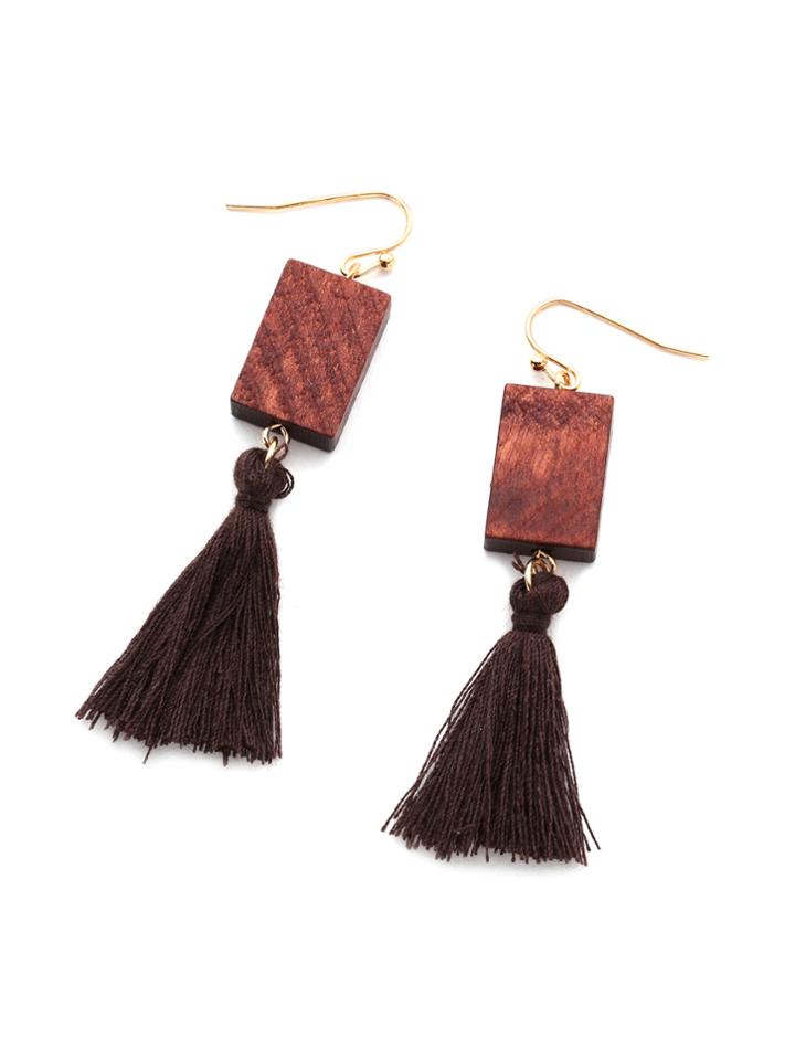 Romwe Tassel Design Drop Earrings With Rectangle Wood