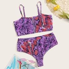 Romwe Snakeskin Zipper Top With High Waist Bikini Set