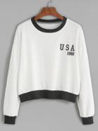 Romwe White Embroidered Contrast Trim Crop Sweatshirt