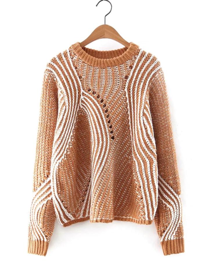 Romwe Asymmetrical Striped Pointelle Sweater