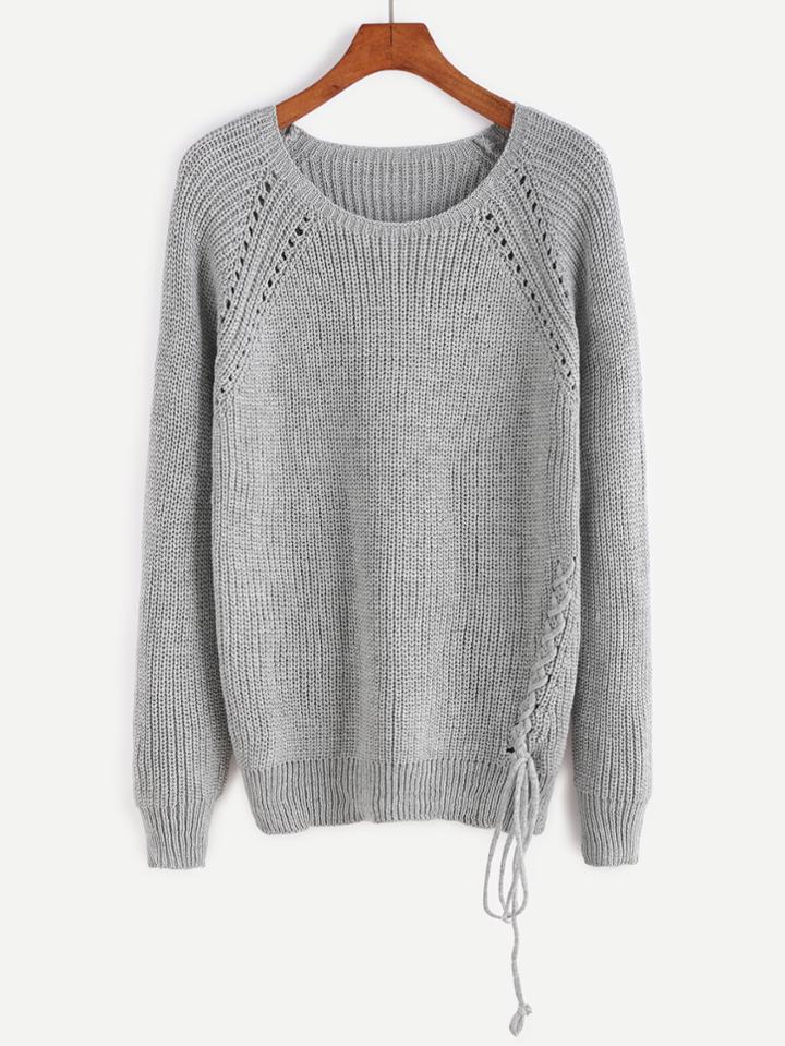 Romwe Grey Eyelet Raglan Sleeve Lace Up Sweater